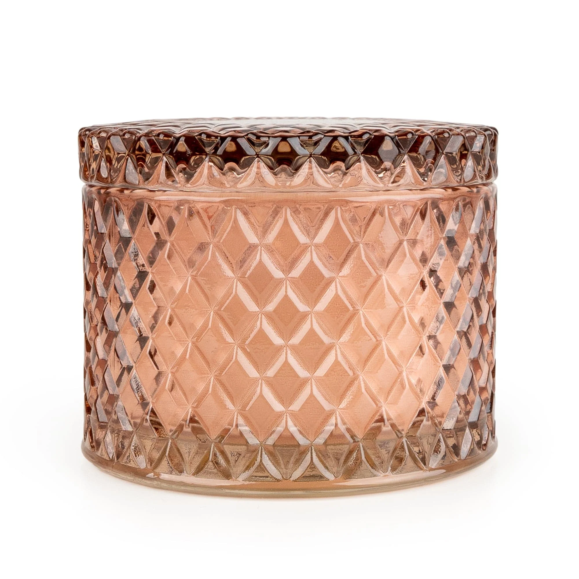 Jhangye pink embossed glass candle jar with decorative geometric pattern