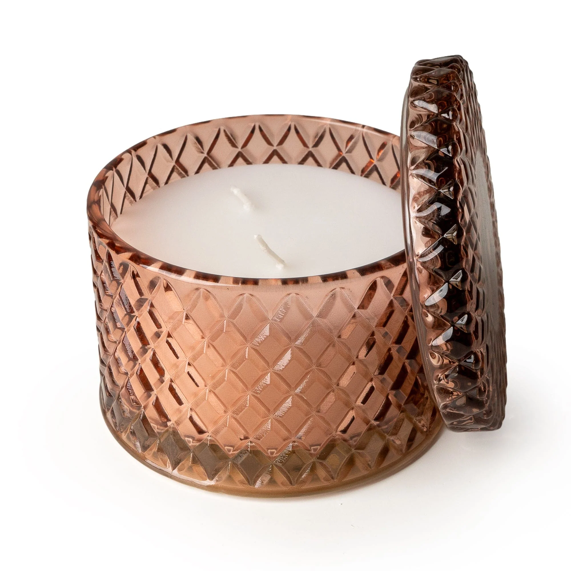 Jhangye pink embossed glass candle jar with decorative geometric pattern