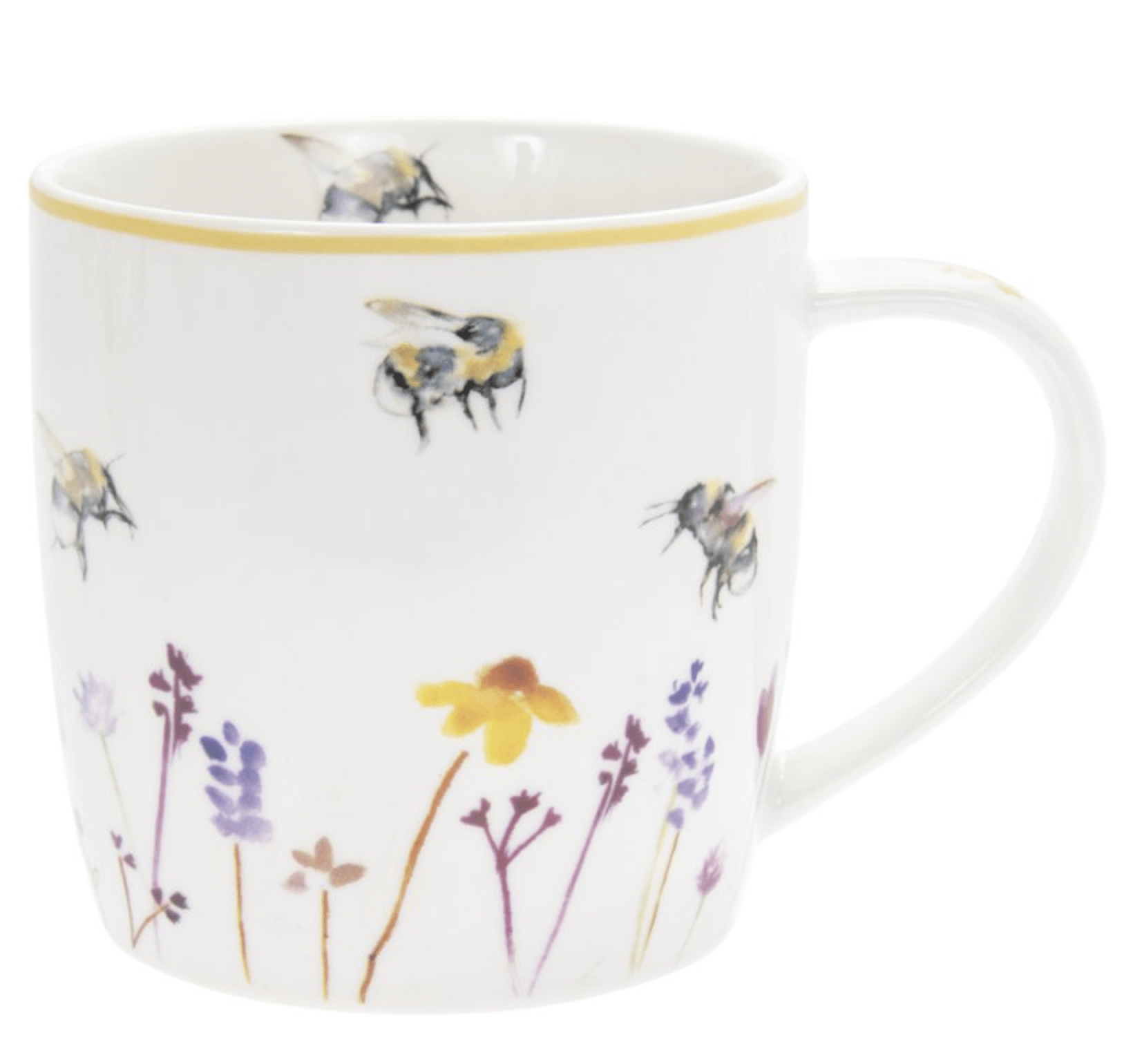 Busy Bees ceramic mug with bee and wildflower design.