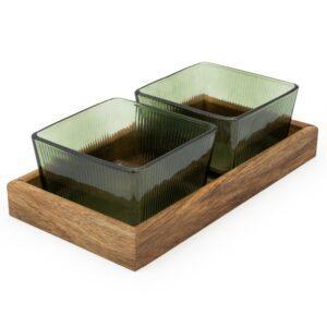 set of 2 green glass serving bowls on acacia wooden tray