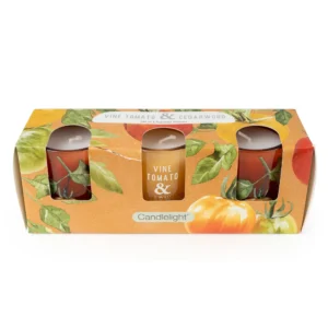 Set of 3 Candlelight Vine Tomato and Cedarwood scented votive candles in decorative gift box