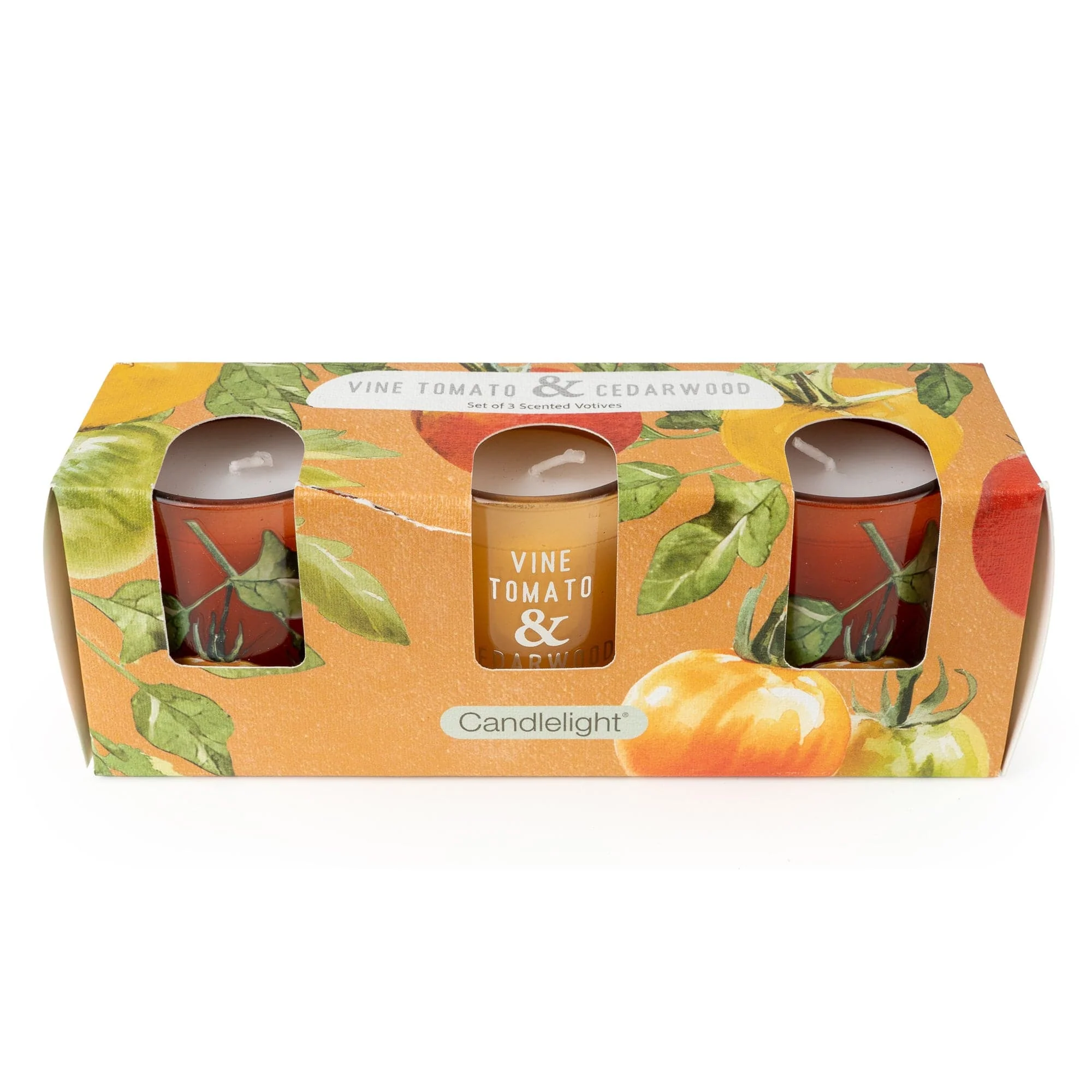 Set of 3 Candlelight Vine Tomato and Cedarwood scented votive candles in decorative gift box