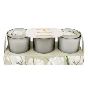 White Tulip and Bergamot set of 3 scented votive candles in frosted glass holders