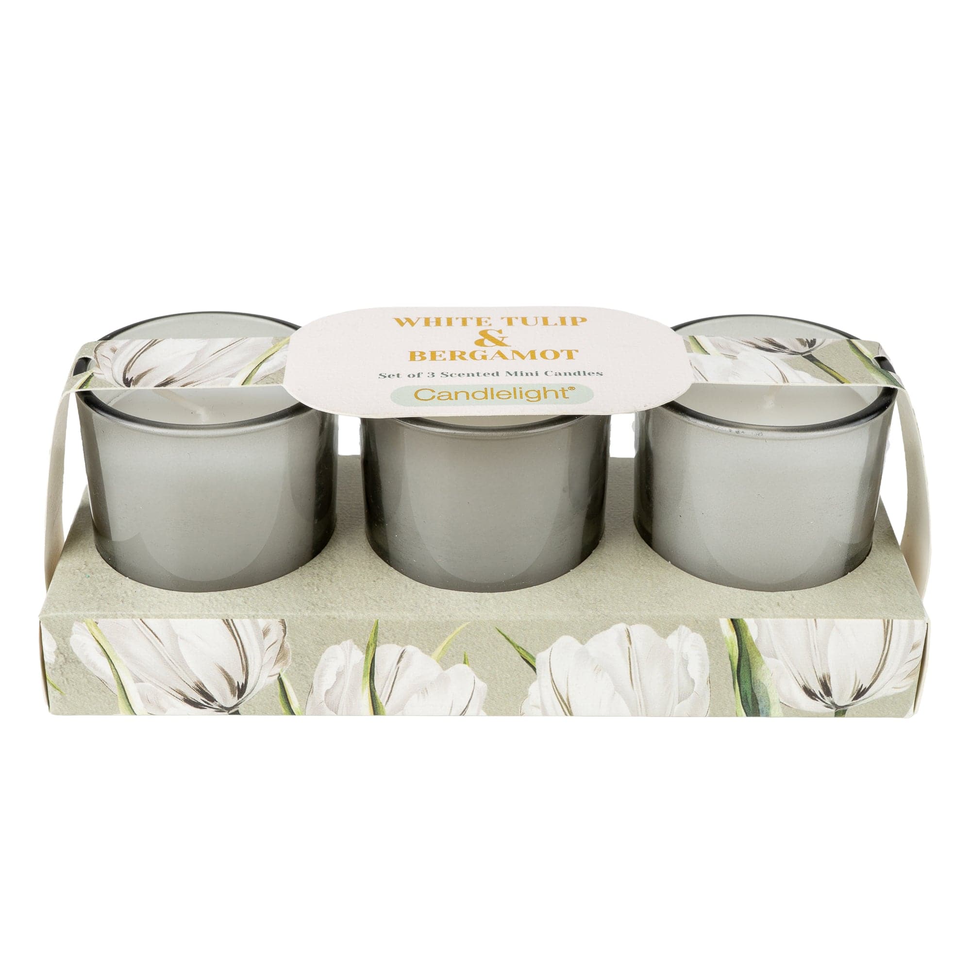 White Tulip and Bergamot set of 3 scented votive candles in frosted glass holders