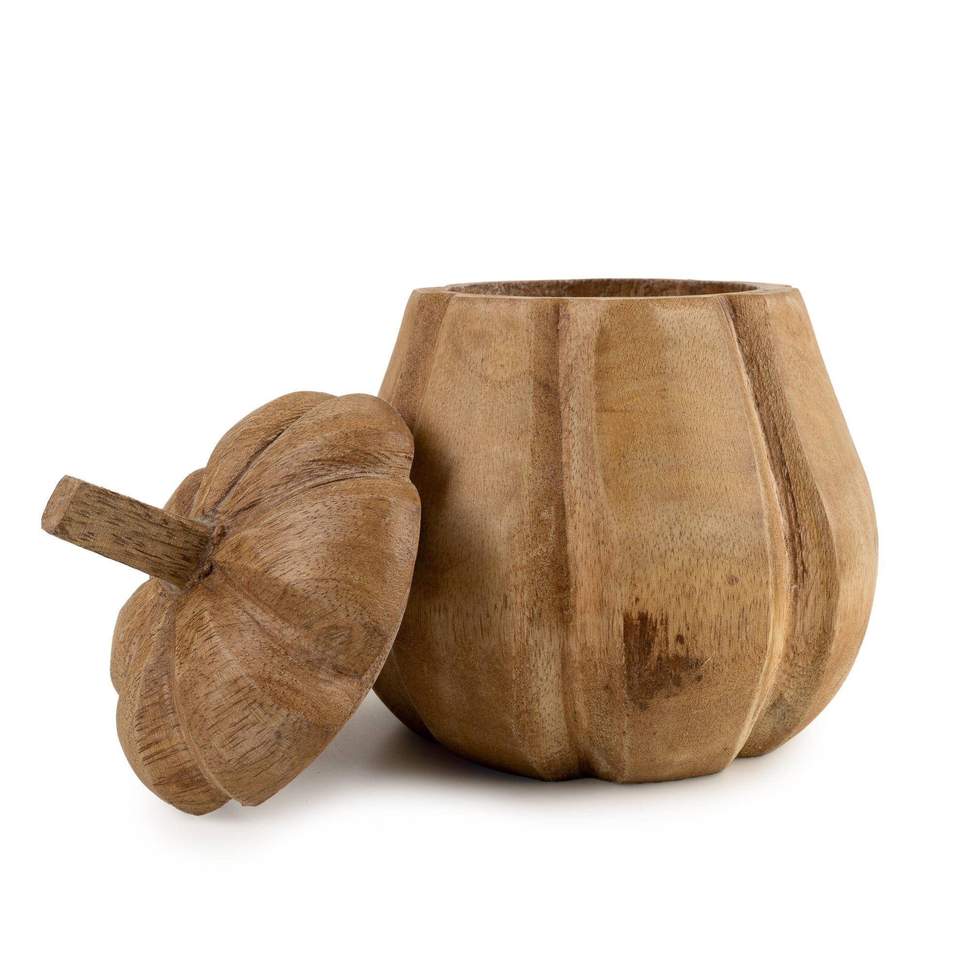 Mango wood pumpkin storage jar with removable carved lid