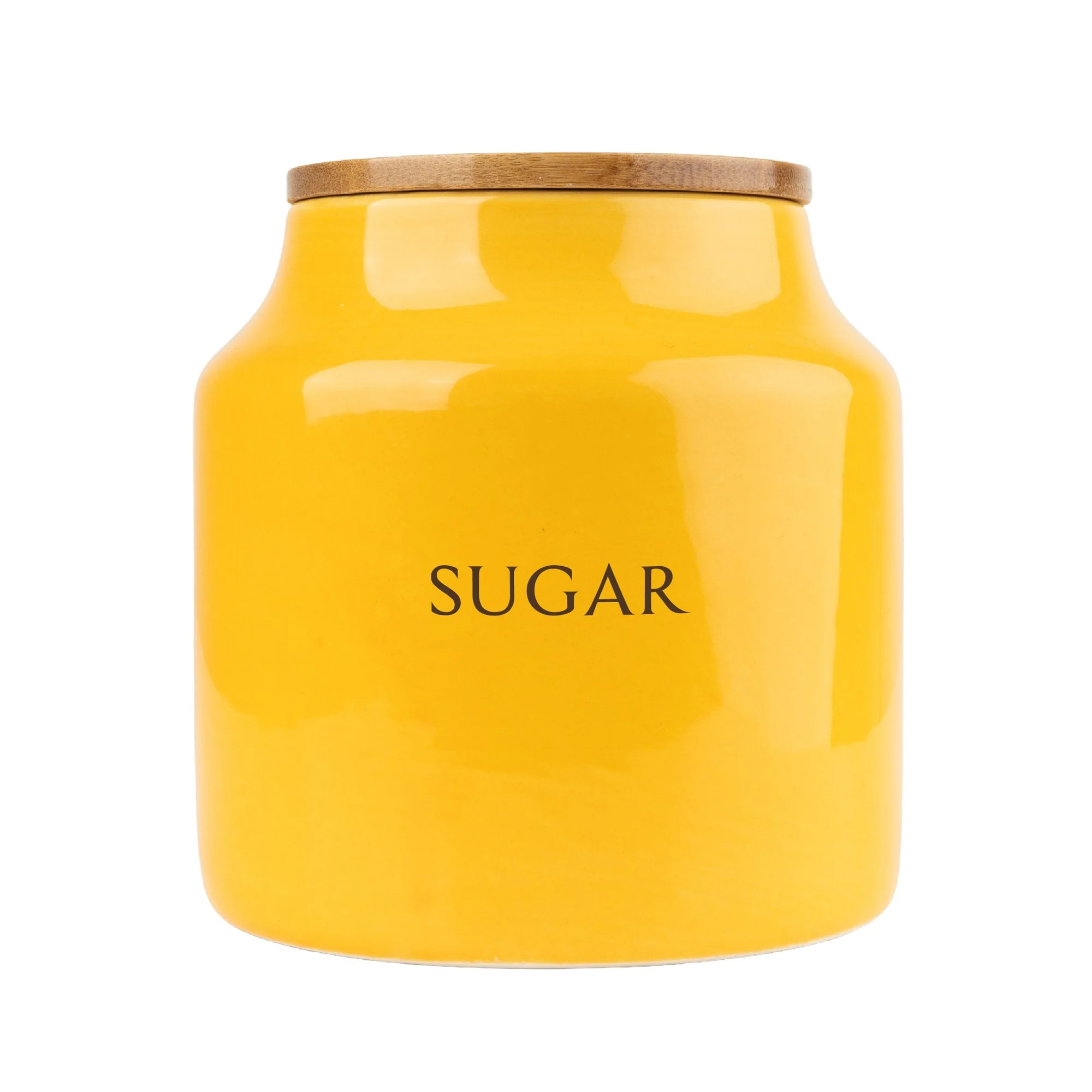 Store sugar in style with this yellow ceramic storage jar featuring a natural bamboo lid. A practical and decorative kitchen accessory from the Tomato Collection.
