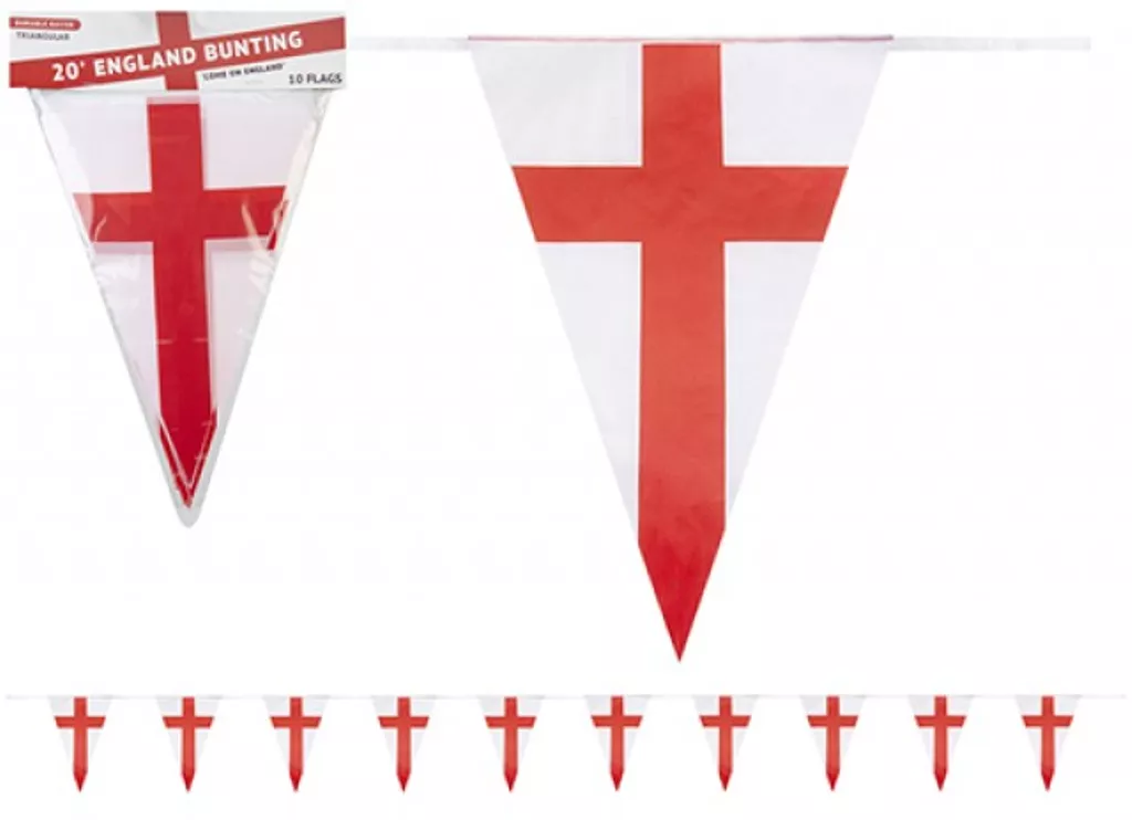 20ft England bunting featuring St George's Cross pennant flags