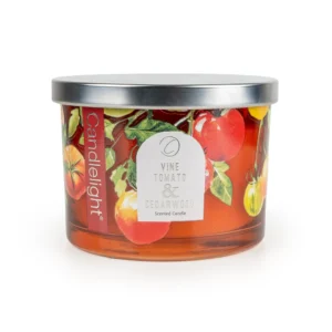Candlelight Vine Tomato & Cedarwood scented candle in decorative amber glass jar with silver metal lid