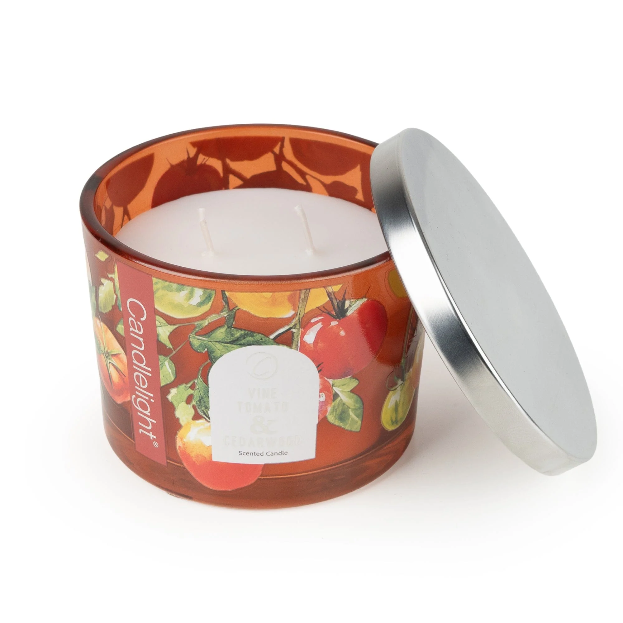 Candlelight Vine Tomato & Cedarwood scented candle in decorative amber glass jar with silver metal lid