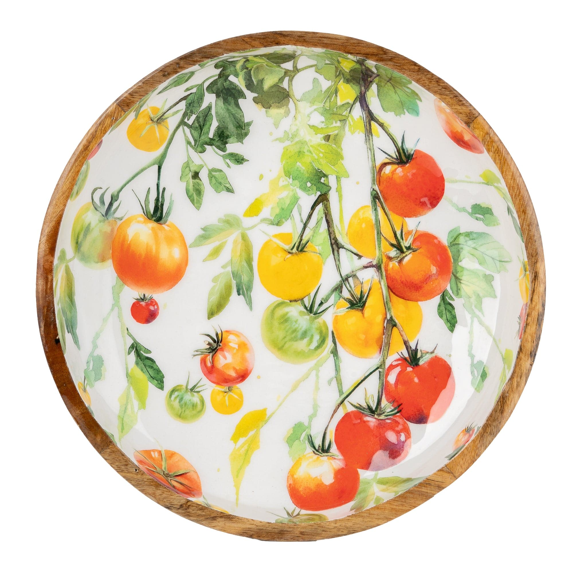 30cm mango wood serving bowl featuring colourful tomato vine botanical design