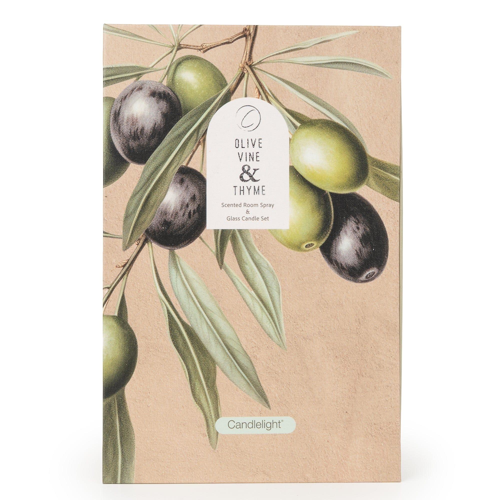 Olive Vine and Thyme room spray and candle gift set in luxury presentation box