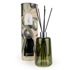 Olive Vine and Thyme 300ml reed diffuser in green glass bottle with decorative gift tube