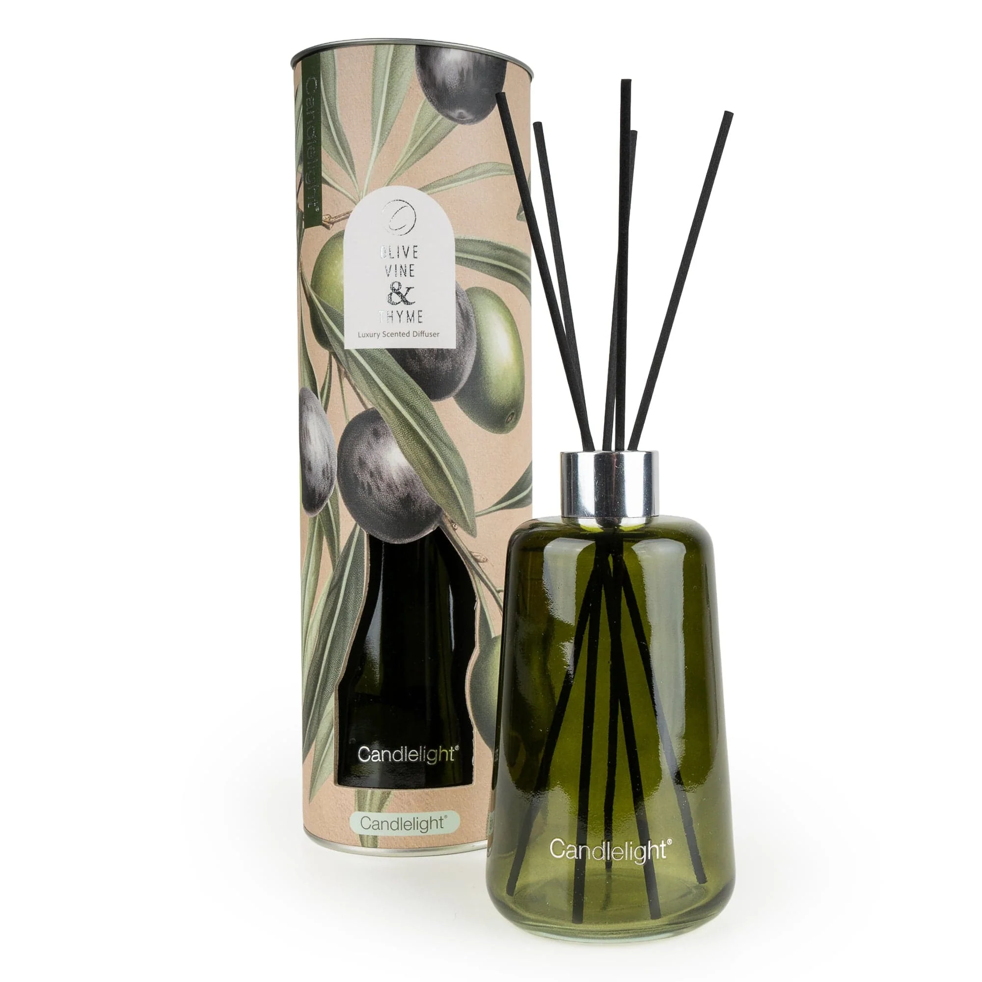 Olive Vine and Thyme 300ml reed diffuser in green glass bottle with decorative gift tube