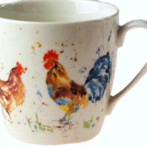 Country Life Chickens fine china mug featuring rooster and hen illustration
