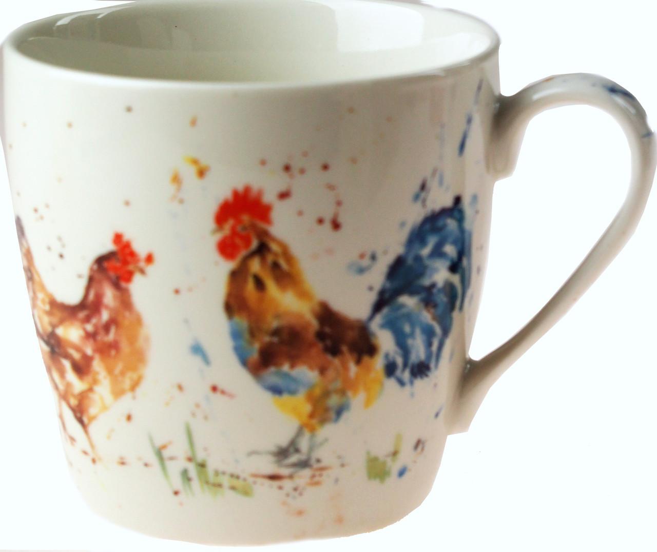 Country Life Chickens fine china mug featuring rooster and hen illustration