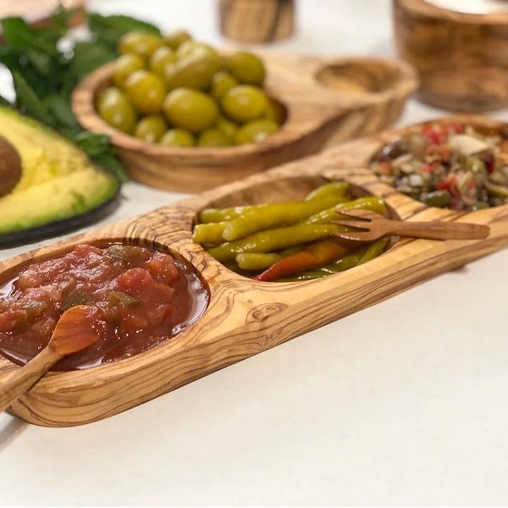 mango wood 3 section serving dish for dips and snacks