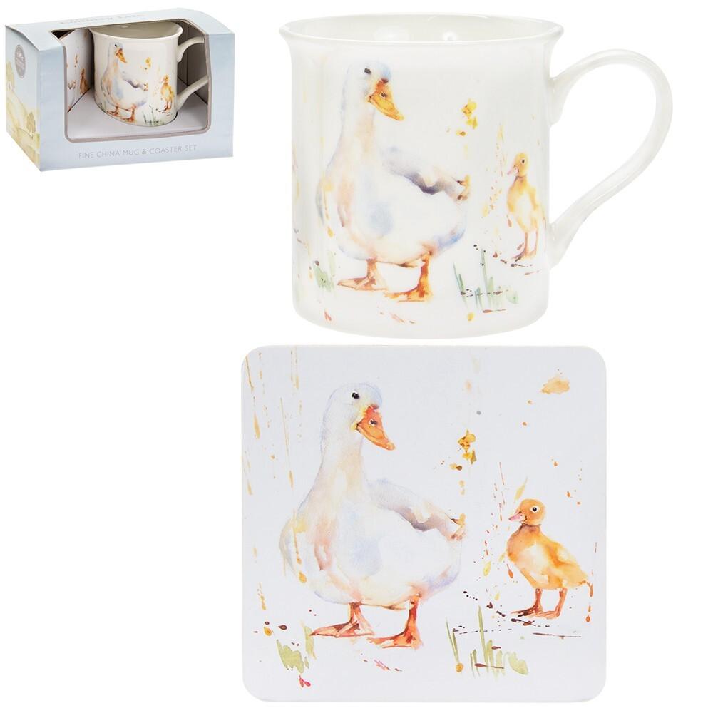 Country Life Ducks mug and coaster set featuring duck and duckling artwork