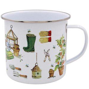Gardener's Enamel Style Mug with gardening illustrations