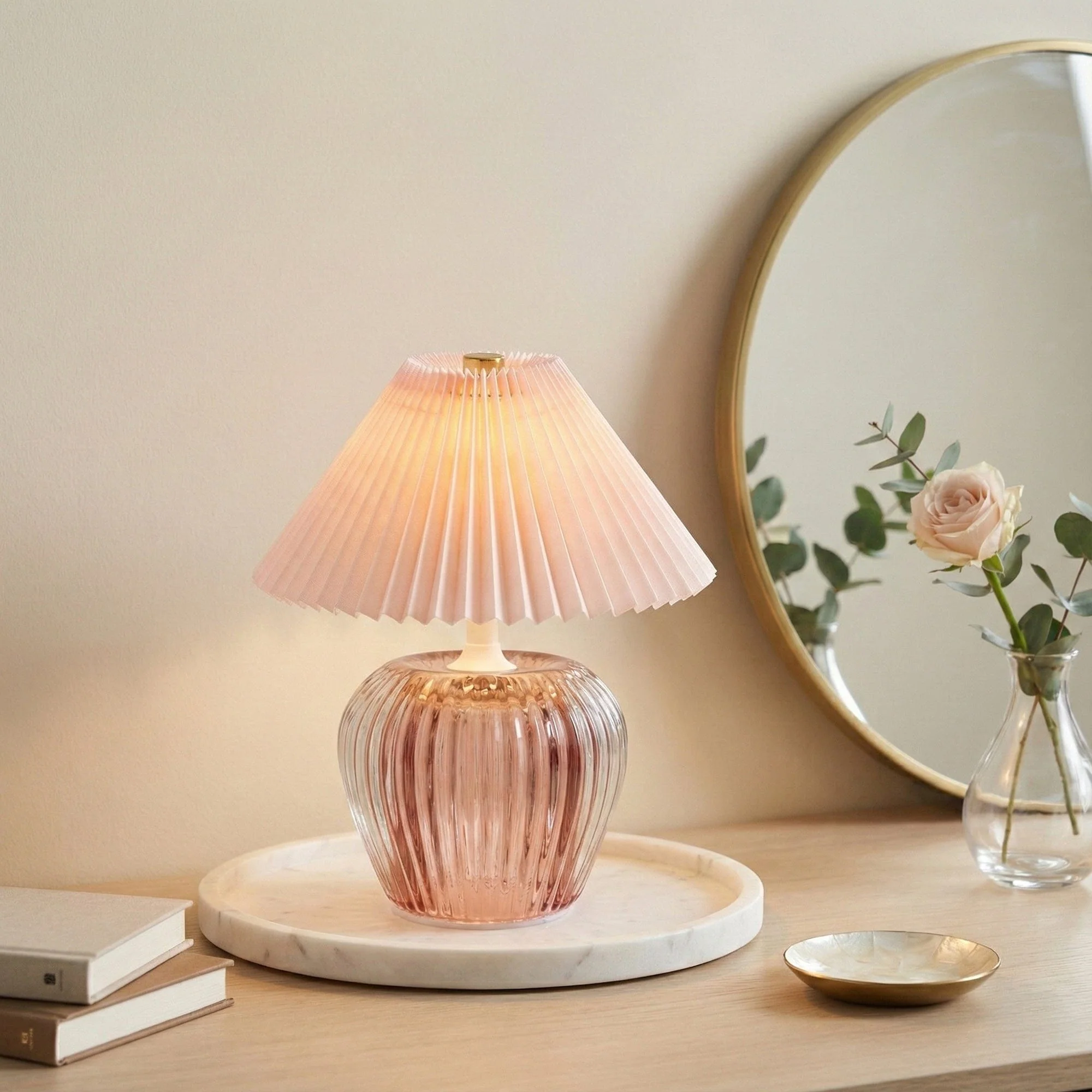Pink ridged glass LED table lamp with pleated shade and battery operated design