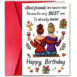 Best Friends Are Hard To Find Happy Birthday card featuring two friends and a heartfelt friendship message