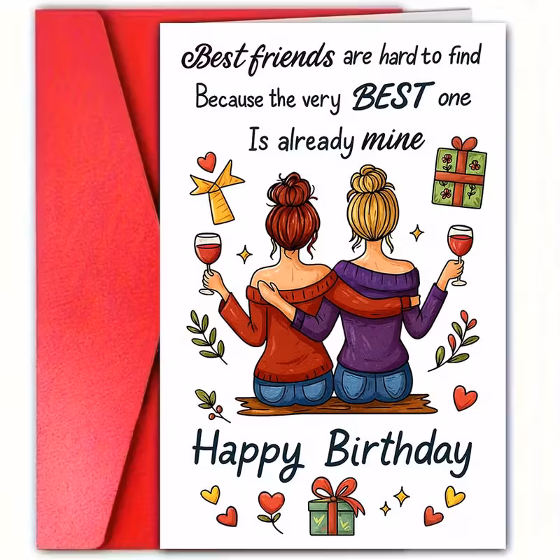 Best Friends Are Hard To Find Happy Birthday card featuring two friends and a heartfelt friendship message