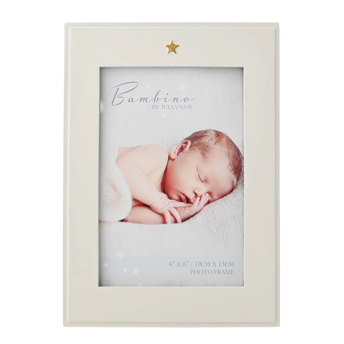 Cream Bambino baby photo frame with gold star detail for a 4 x 6 inch photograph.