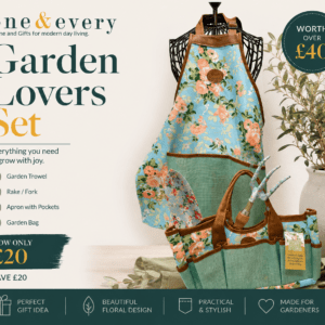 Garden Lovers Gift Set including floral gardening apron, garden tote bag, hand trowel and hand fork.