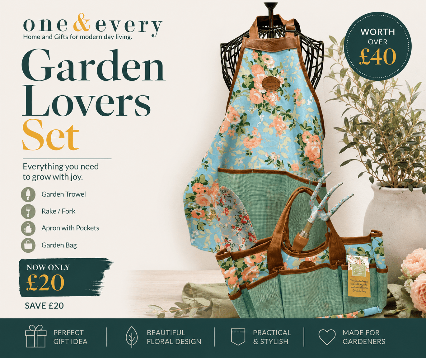 Garden Lovers Gift Set including floral gardening apron, garden tote bag, hand trowel and hand fork.