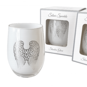 Lesser and Pavey silver sparkle stemless glass with angel wings design