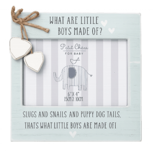 Blue Petit Chéri baby boy photo frame with nursery rhyme wording and hanging heart decorations