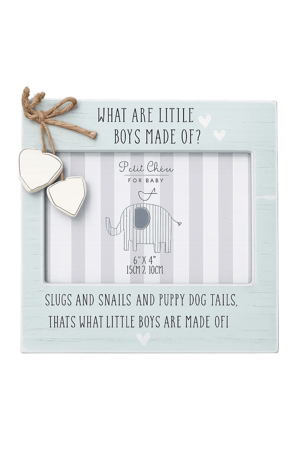 Blue Petit Chéri baby boy photo frame with nursery rhyme wording and hanging heart decorations