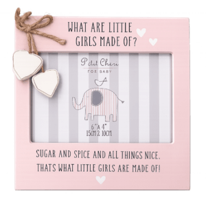 Pink petit Chéri baby girl photo frame with nursery rhyme wording and hanging heart decorations