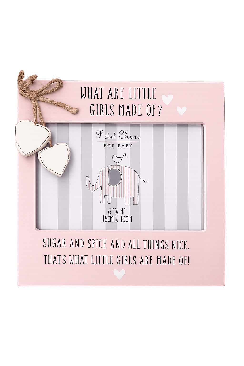 Pink petit Chéri baby girl photo frame with nursery rhyme wording and hanging heart decorations