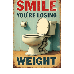 Vintage metal bathroom sign featuring a toilet and the phrase Smile You're Losing Weigh