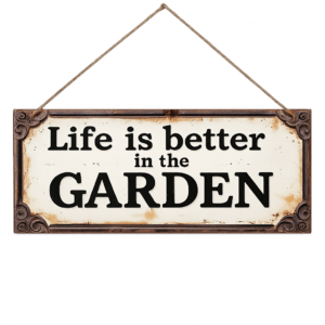 Vintage hanging sign reading Life Is Better In The Garden with rustic rope hanger