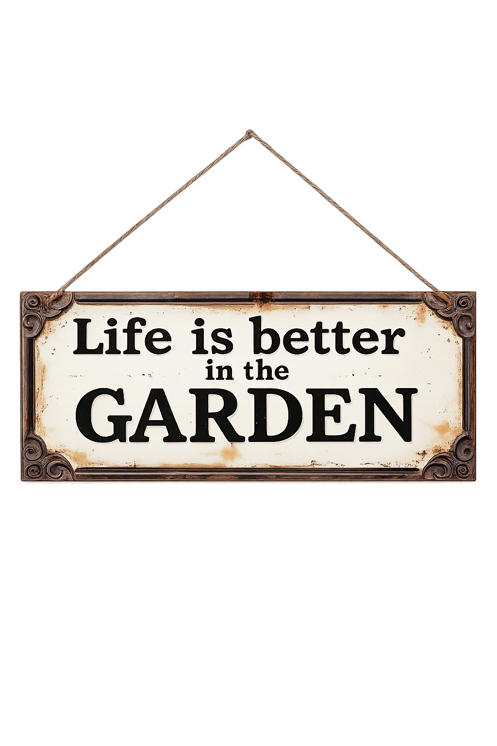 Vintage hanging sign reading Life Is Better In The Garden with rustic rope hanger