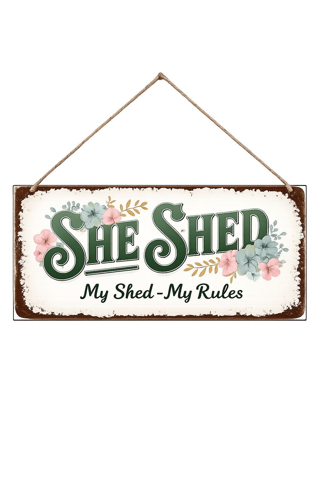 She Shed My Shed My Rules hanging sign with floral vintage design
