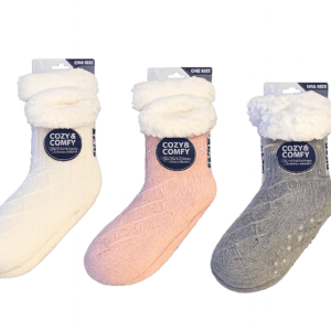 Cream, pink and grey sherpa-lined Cozy & Comfy home socks with cable knit design and non-slip soles.