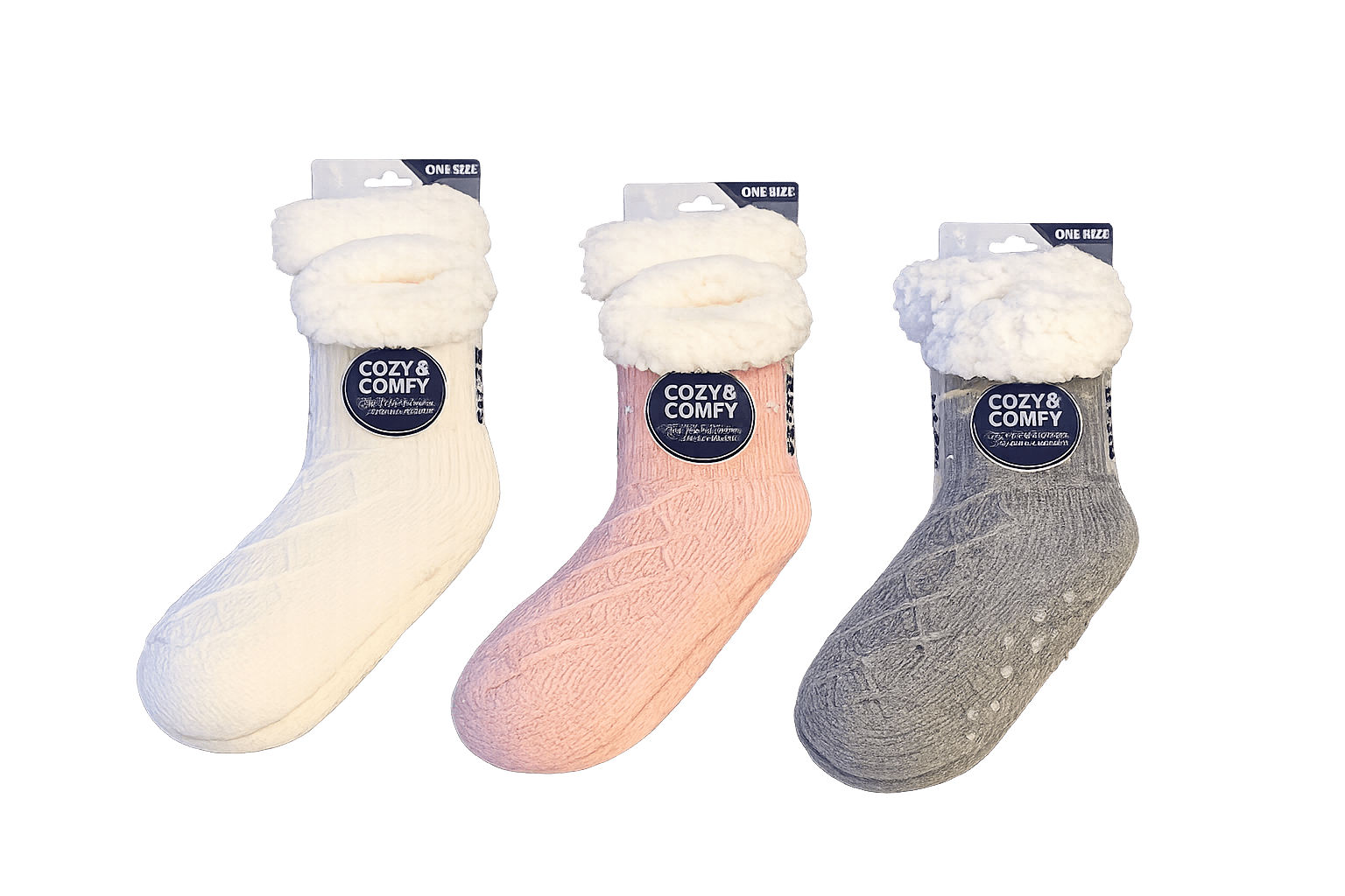 Cream, pink and grey sherpa-lined Cozy & Comfy home socks with cable knit design and non-slip soles.