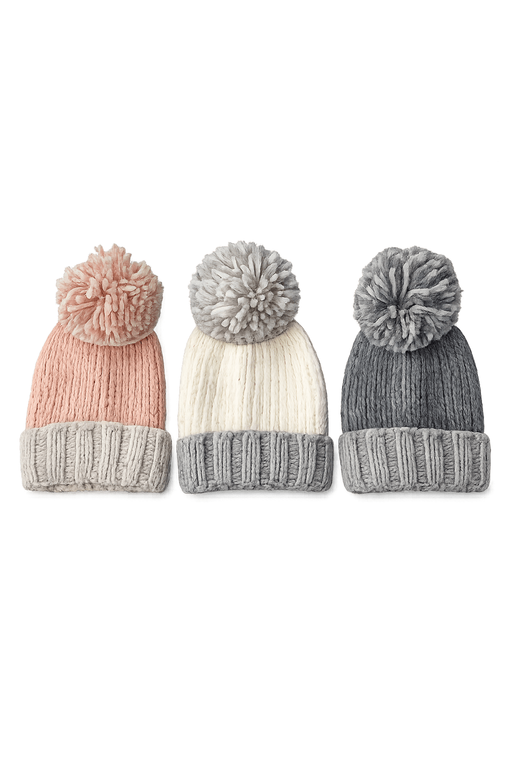 Three knitted winter pom pom hats in pink, cream and grey with chunky ribbed cuffs and soft fluffy pom poms.