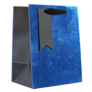 Blue glitter medium portrait gift bag with black ribbon handles and gift tag