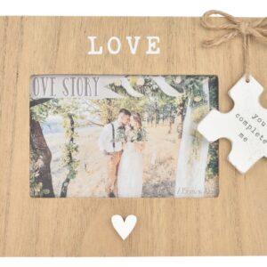 Love Story wooden photo frame with You Complete Me puzzle piece charm