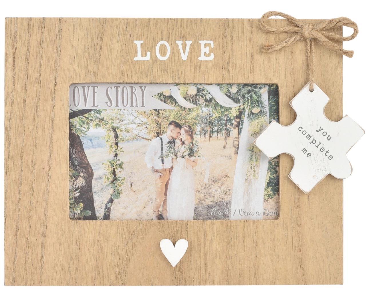 Love Story wooden photo frame with You Complete Me puzzle piece charm