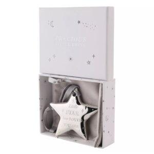 Silver star keepsake ornament with Little Star How Loved You Are message in presentation gift box
