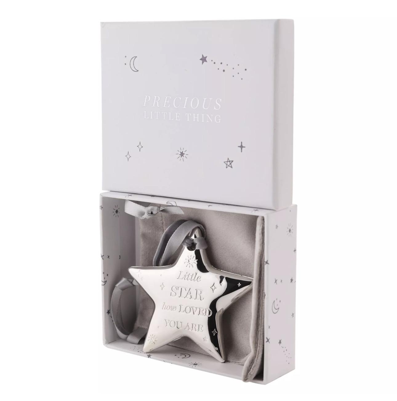 Silver star keepsake ornament with Little Star How Loved You Are message in presentation gift box