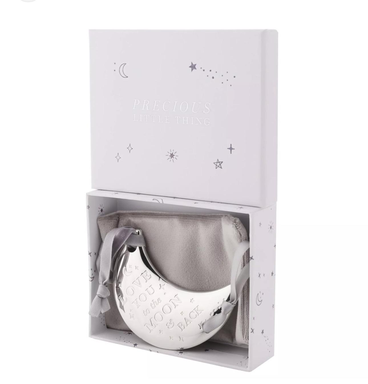 Silver moon keepsake ornament with Love You To The Moon & Back message in luxury gift box
