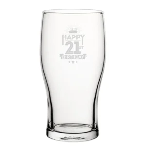 Happy 21st Birthday engraved tulip pint glass with birthday cake design